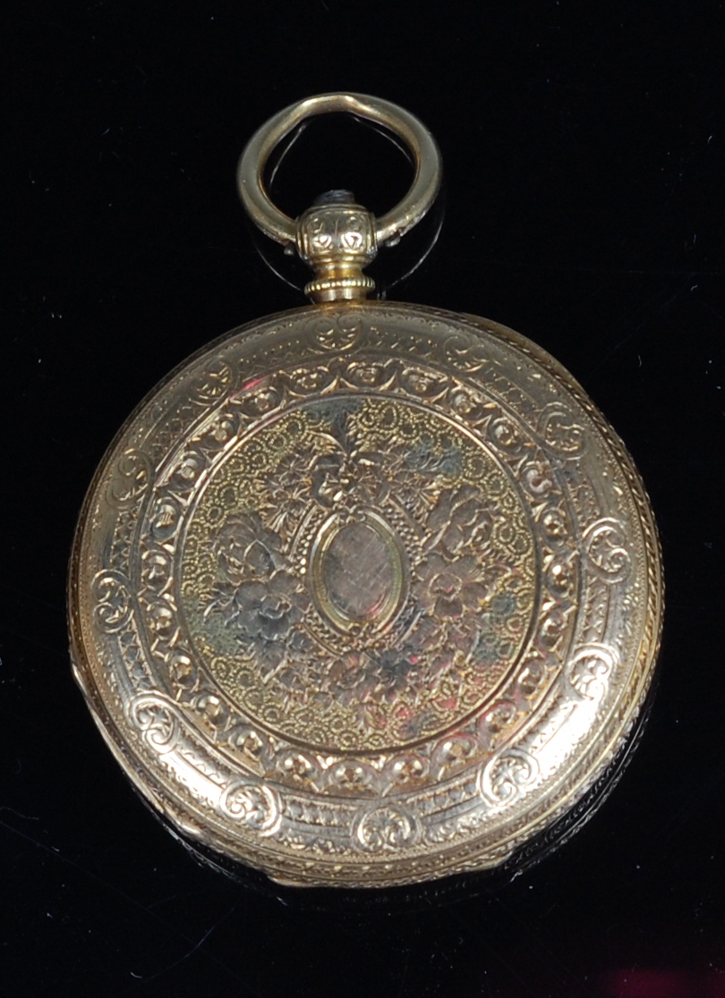 A continental 18ct gold cased ladies half hunter pocket watch, having engraved case, - Image 2 of 3
