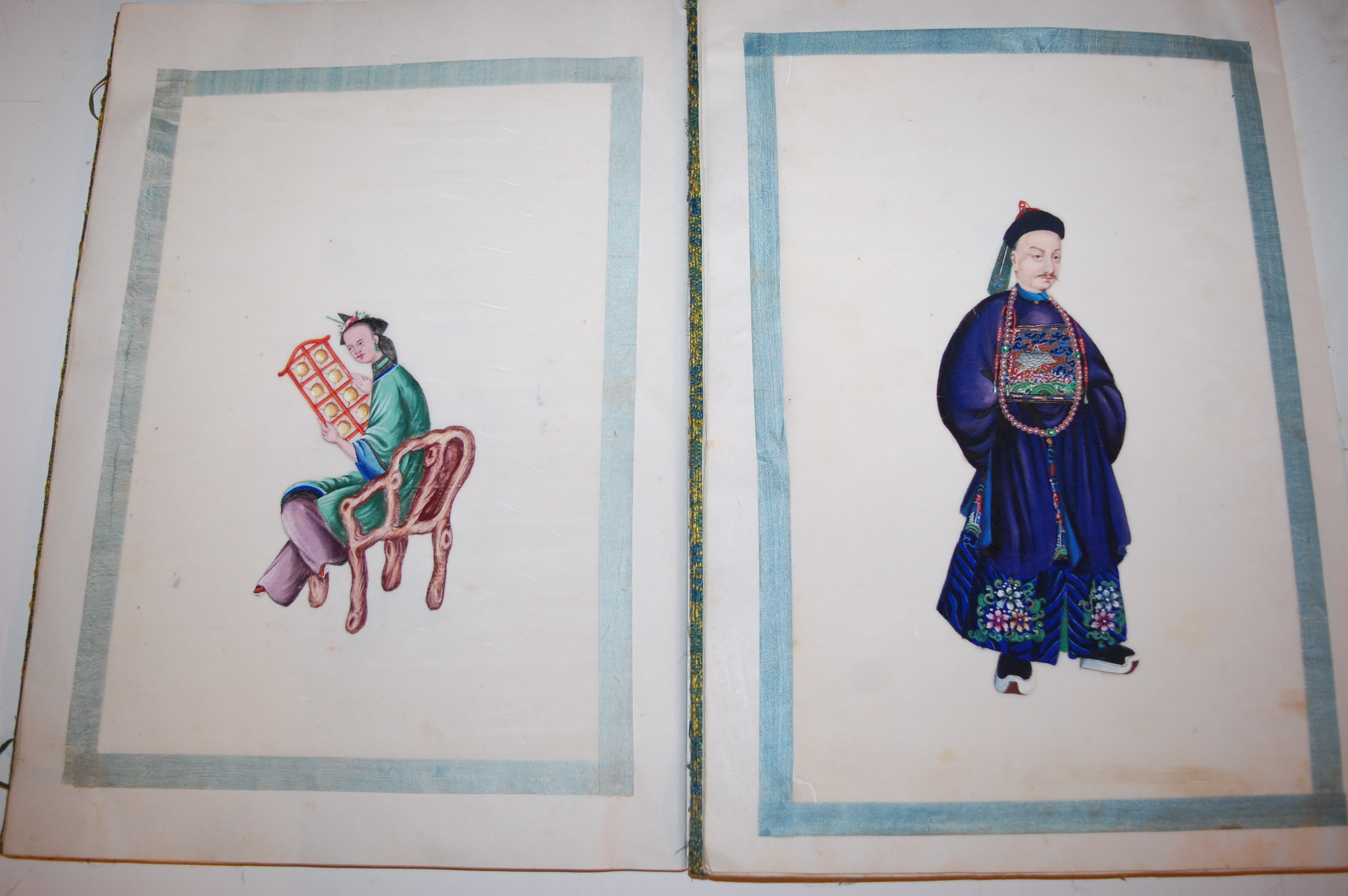 Two Chinese cloth covered scrap albums containing late Qing Dynasty pith paintings, - Image 10 of 19