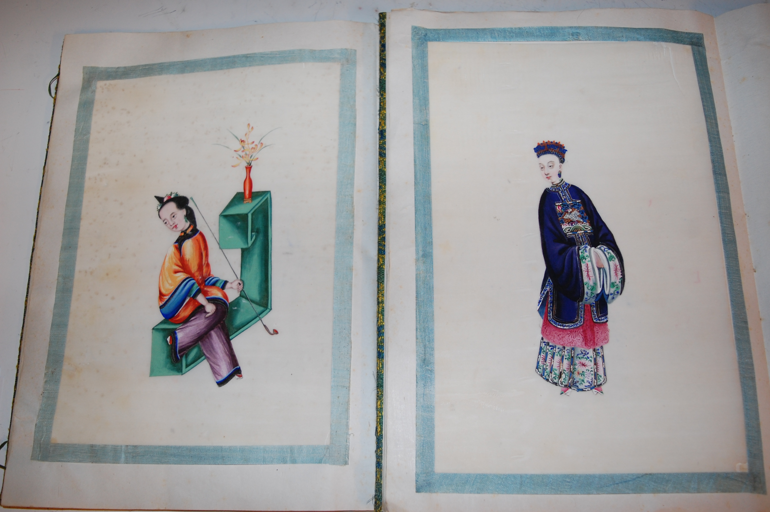 Two Chinese cloth covered scrap albums containing late Qing Dynasty pith paintings, - Image 13 of 19