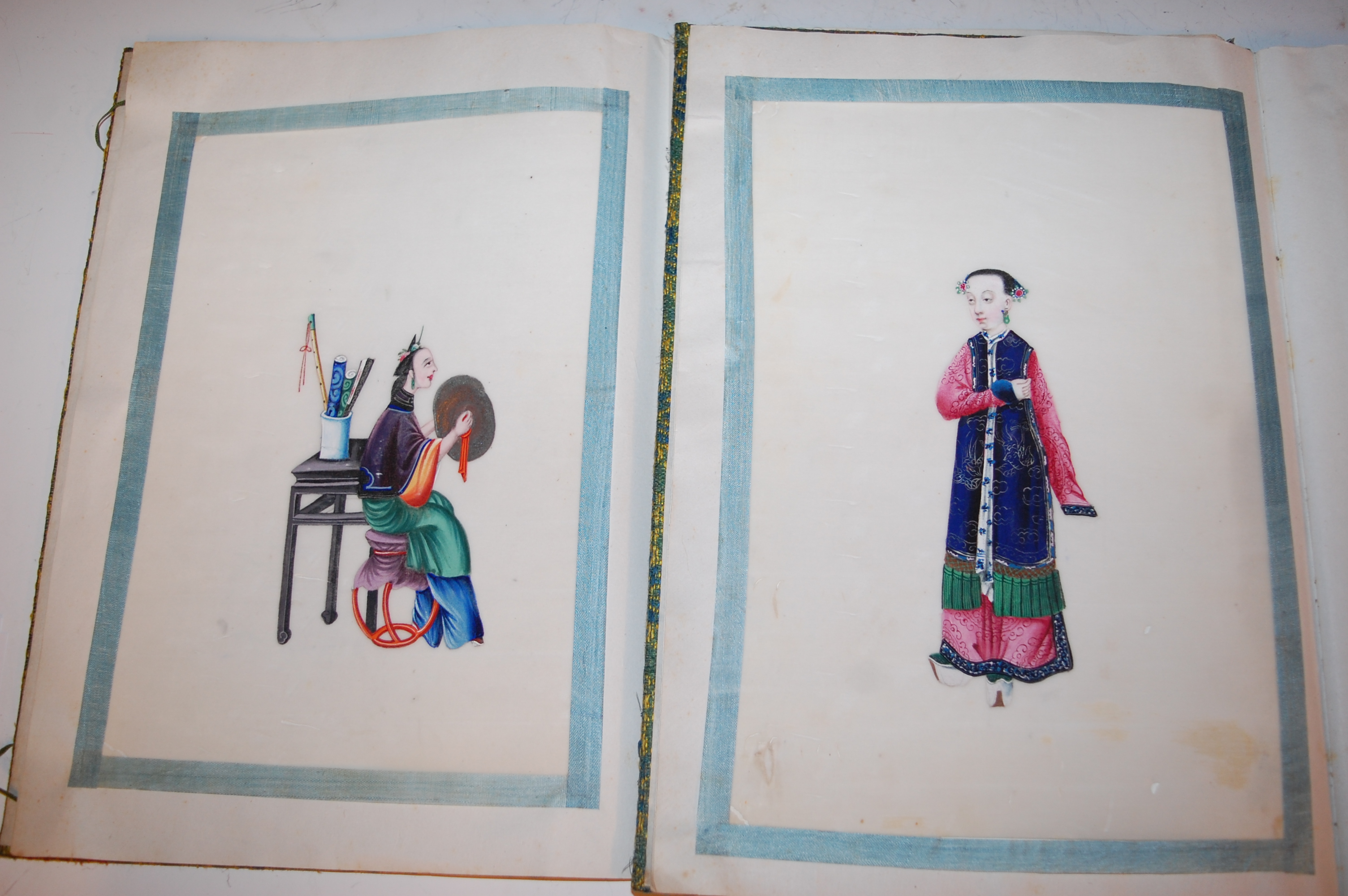 Two Chinese cloth covered scrap albums containing late Qing Dynasty pith paintings, - Image 19 of 19