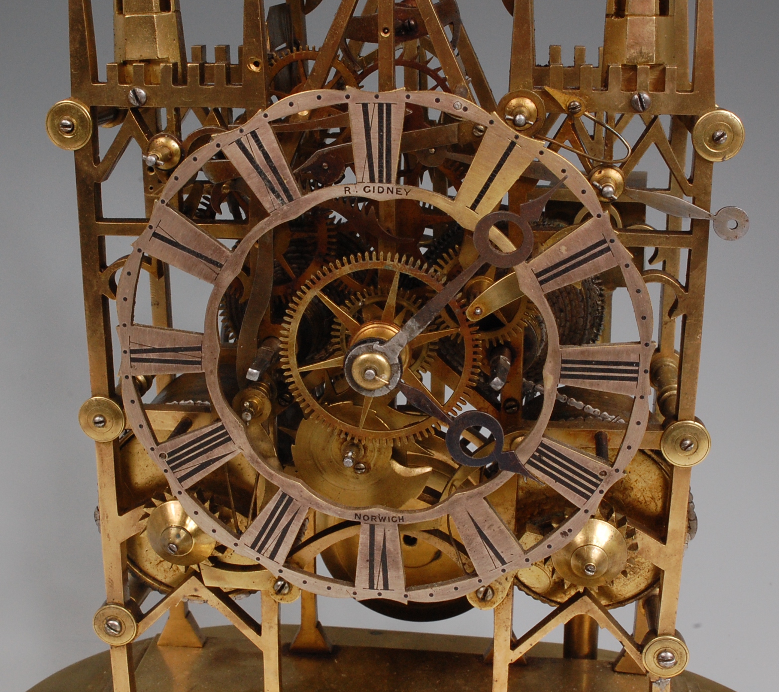 Robert Gidney of Norwich circa 1830 brass cathedral skeleton clock, having signed silvered dial, - Image 2 of 4