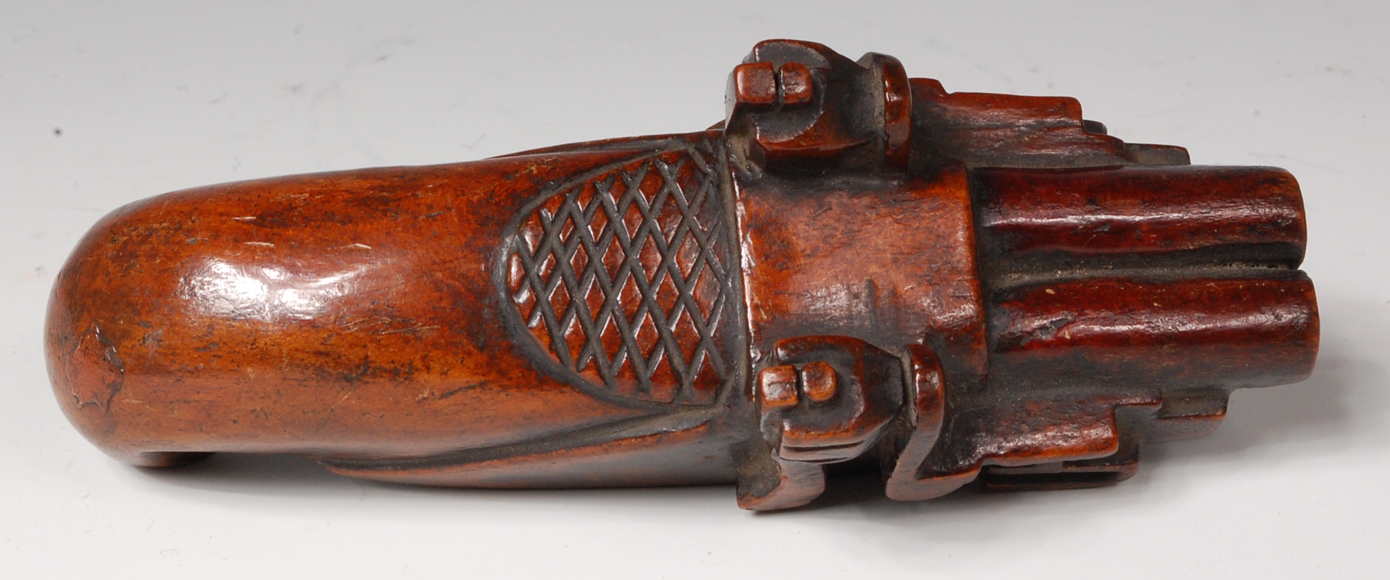 A 19th century treen snuff-box, carved as a double barreled flintlock pistol, hinged to underside, - Image 2 of 5