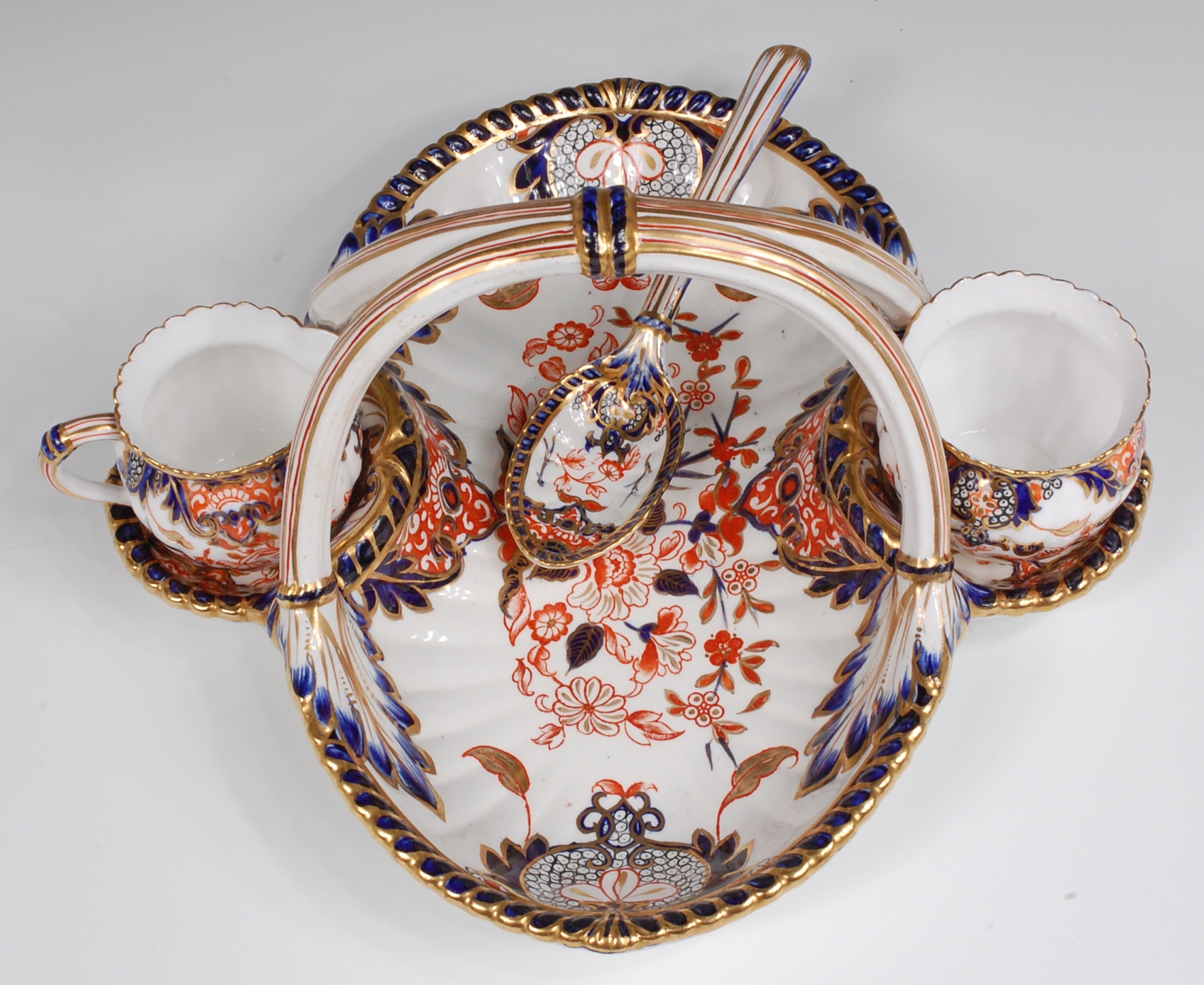 A late Victorian Crown Derby earthenware strawberry dish, with cream jug, sugar and serving spoon, - Image 2 of 3