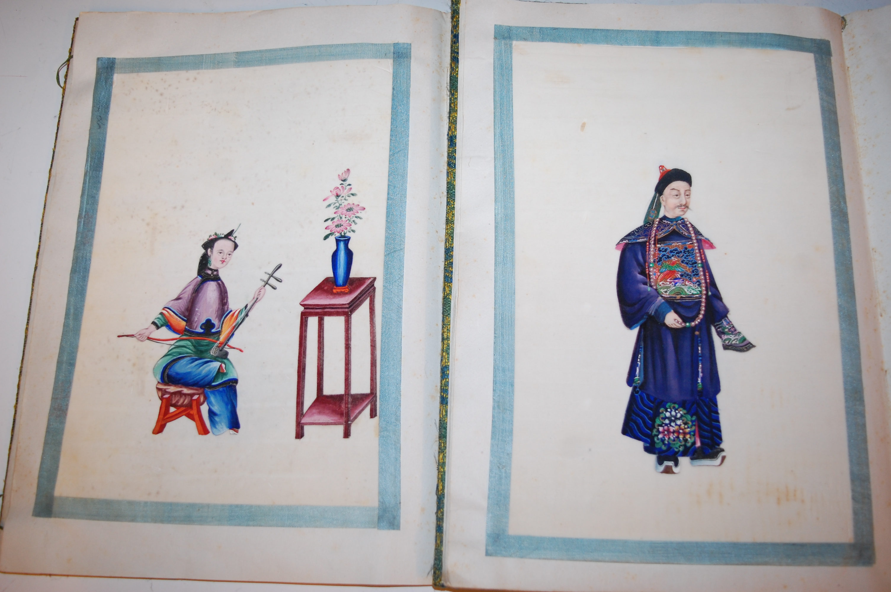 Two Chinese cloth covered scrap albums containing late Qing Dynasty pith paintings, - Image 14 of 19