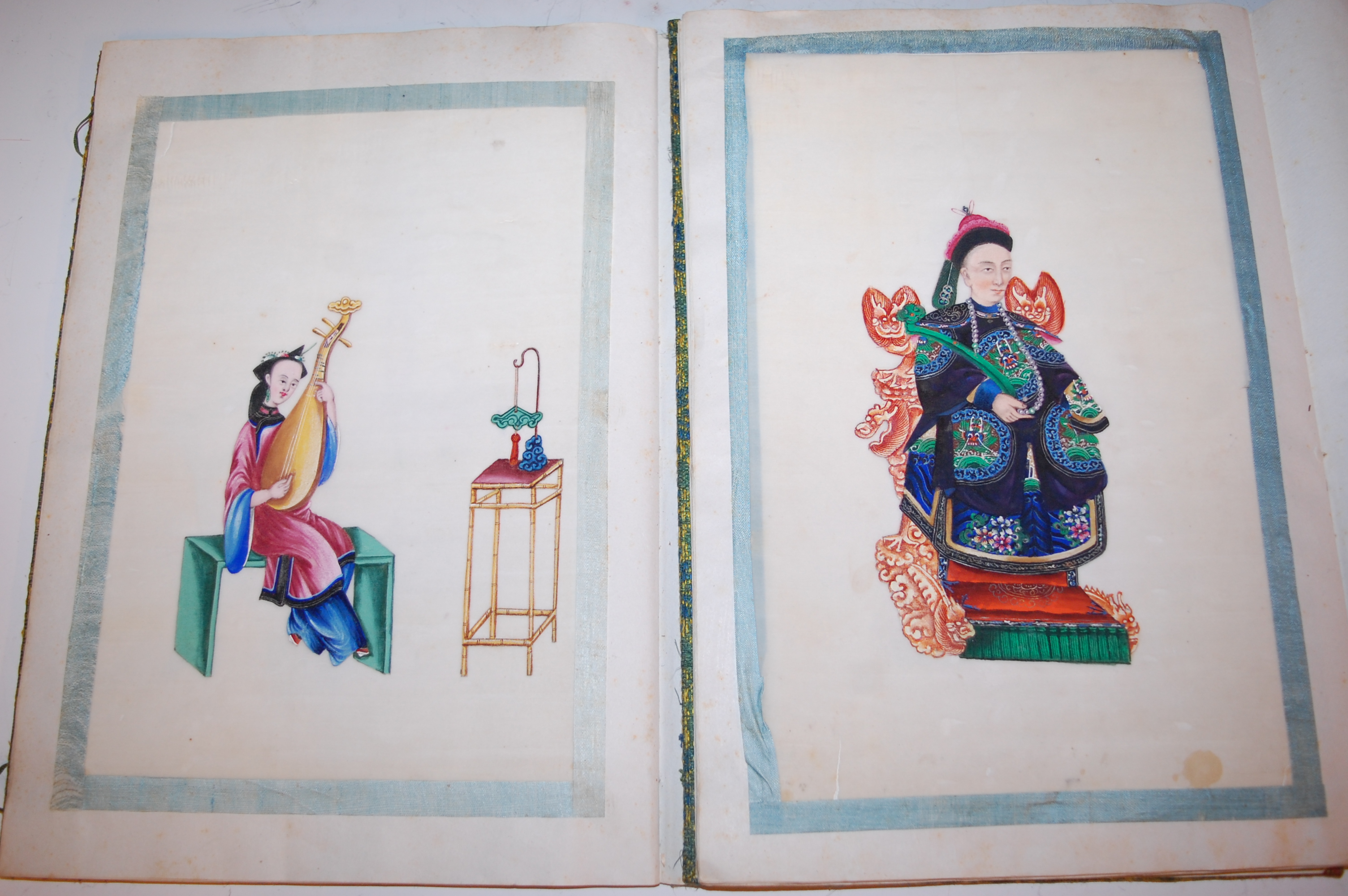 Two Chinese cloth covered scrap albums containing late Qing Dynasty pith paintings, - Image 8 of 19