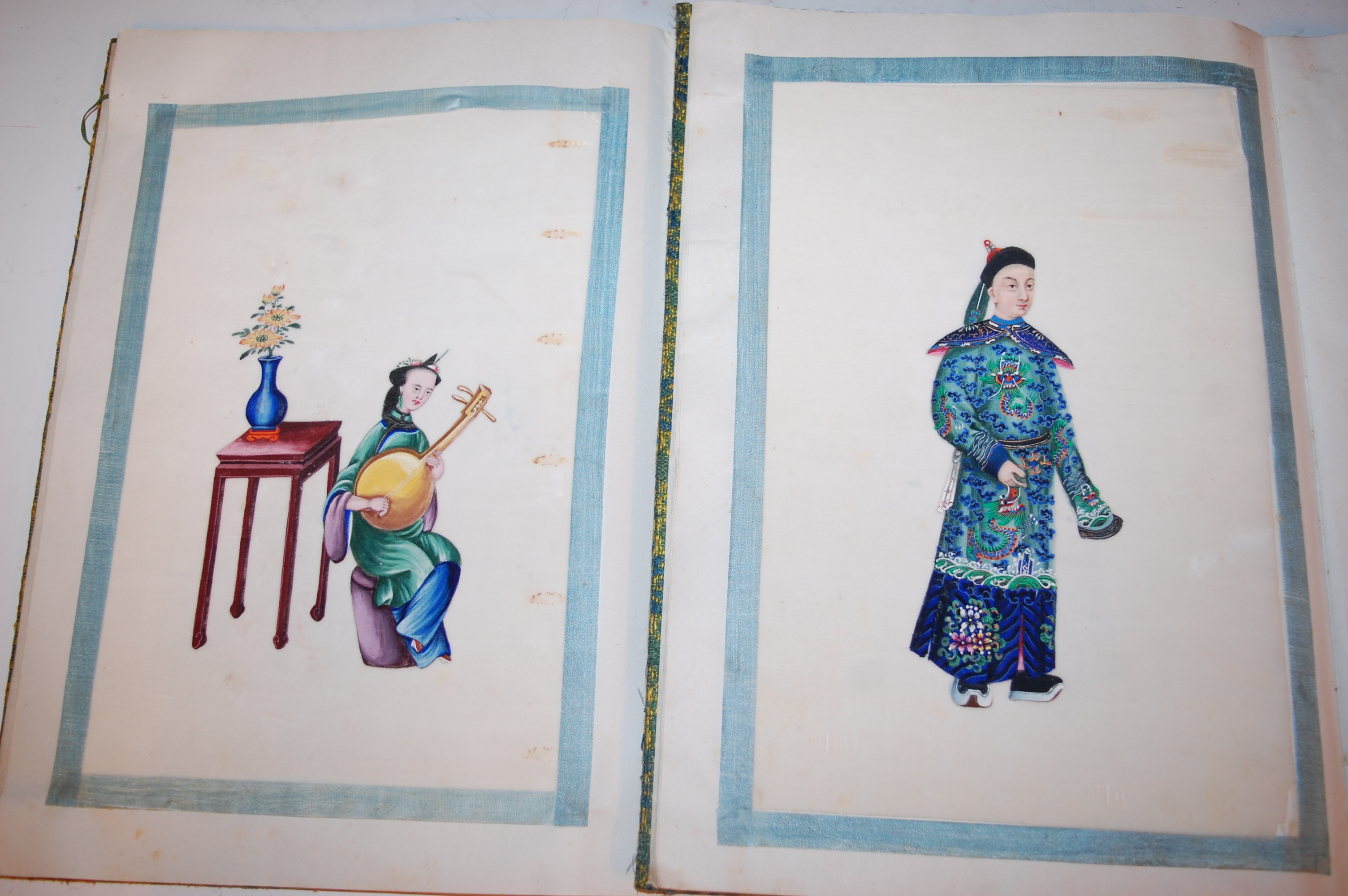Two Chinese cloth covered scrap albums containing late Qing Dynasty pith paintings, - Image 16 of 19