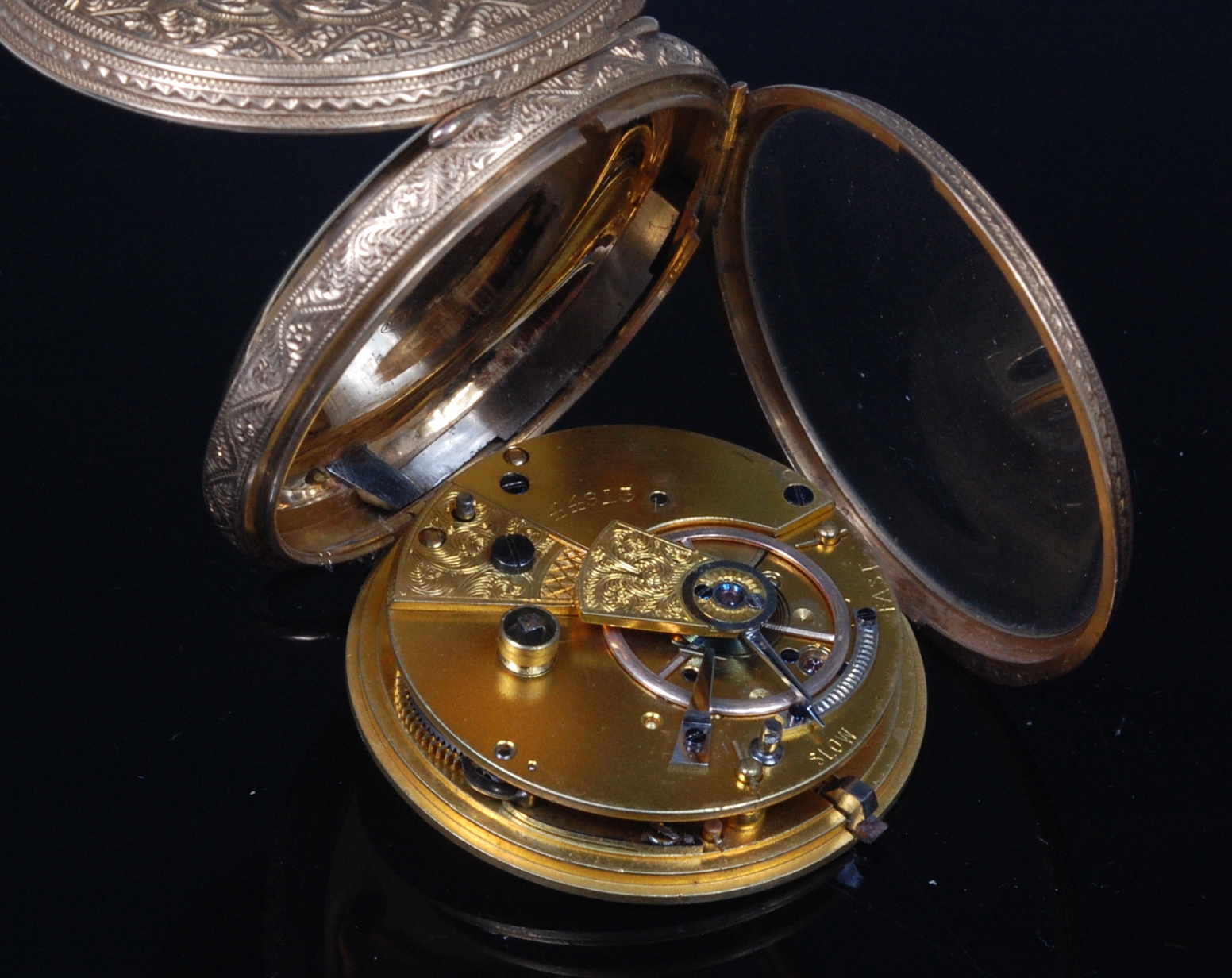 A late Victorian gents 18ct gold cased open faced pocket watch, having a gilded and engraved dial, - Image 3 of 4