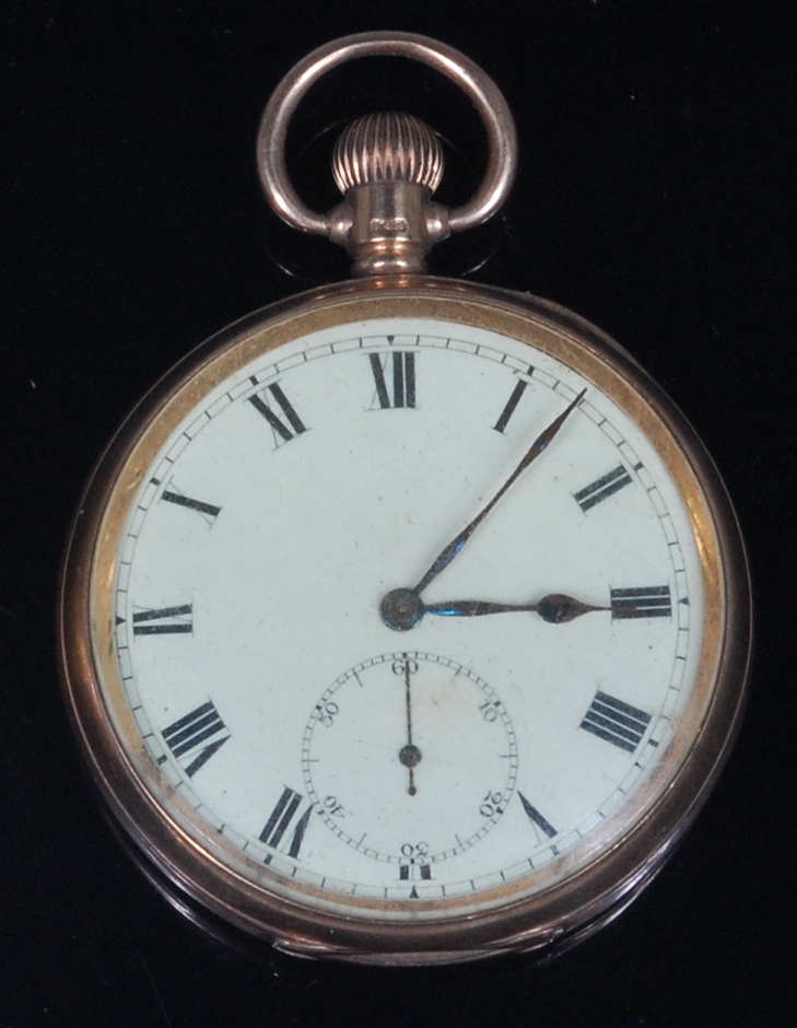 A 9ct gold cased gents open faced pocket watch, the white enamel dial with subsidiary seconds dial,