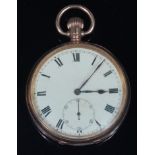 A 9ct gold cased gents open faced pocket watch, the white enamel dial with subsidiary seconds dial,