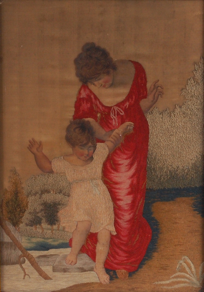 Elizabeth Cranmer - 19th century silkwork picture of a mother and child within a landscape,