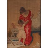 Elizabeth Cranmer - 19th century silkwork picture of a mother and child within a landscape,