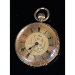A continental 18ct gold cased ladies open faced pocket watch, having leaf engraved and gilded dial,