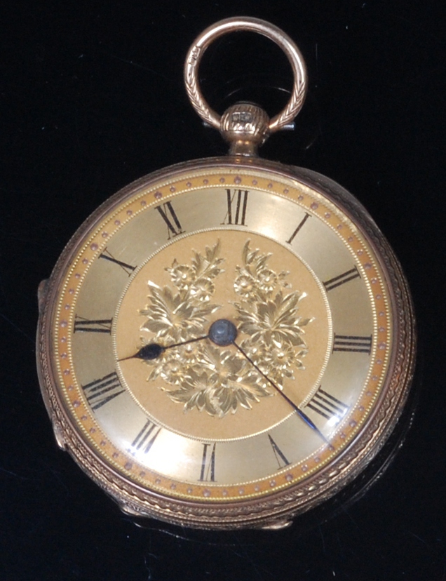 A late Victorian gents 18ct gold cased open faced pocket watch, having a gilded and engraved dial,