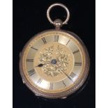 A late Victorian gents 18ct gold cased open faced pocket watch, having a gilded and engraved dial,