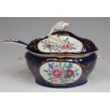 A first period Worcester sauce tureen and cover, with ladle, the cover with artichoke knop,