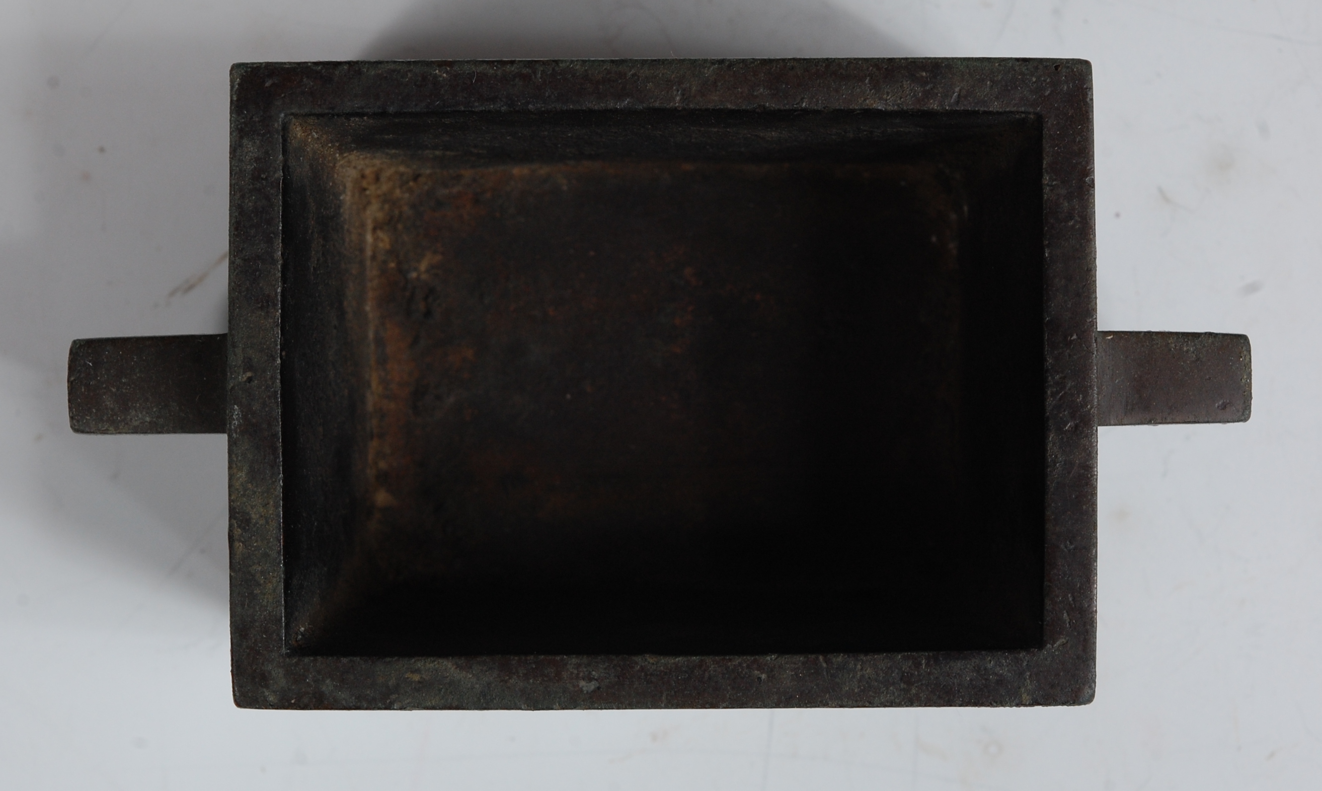 A Chinese bronze rectangular censor, having twin square handles and raised on low feet, - Image 3 of 13