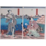 Utagawa Kunisada (Japanese 1786-1865) - Ukiyo-e scene of actors by the rivers edge,
