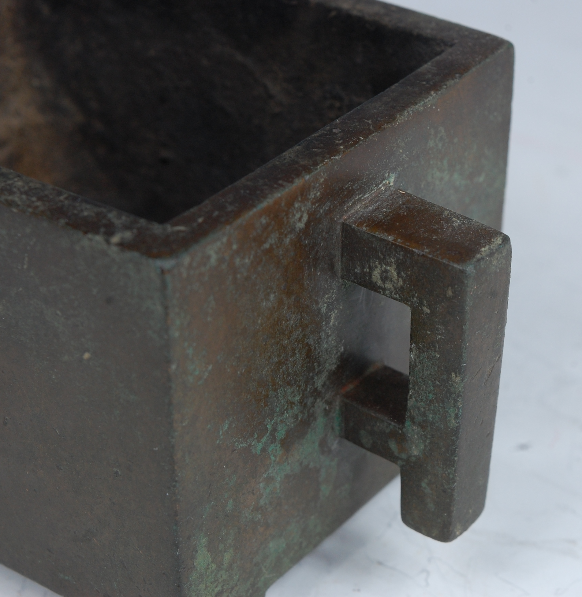 A Chinese bronze rectangular censor, having twin square handles and raised on low feet, - Image 2 of 13