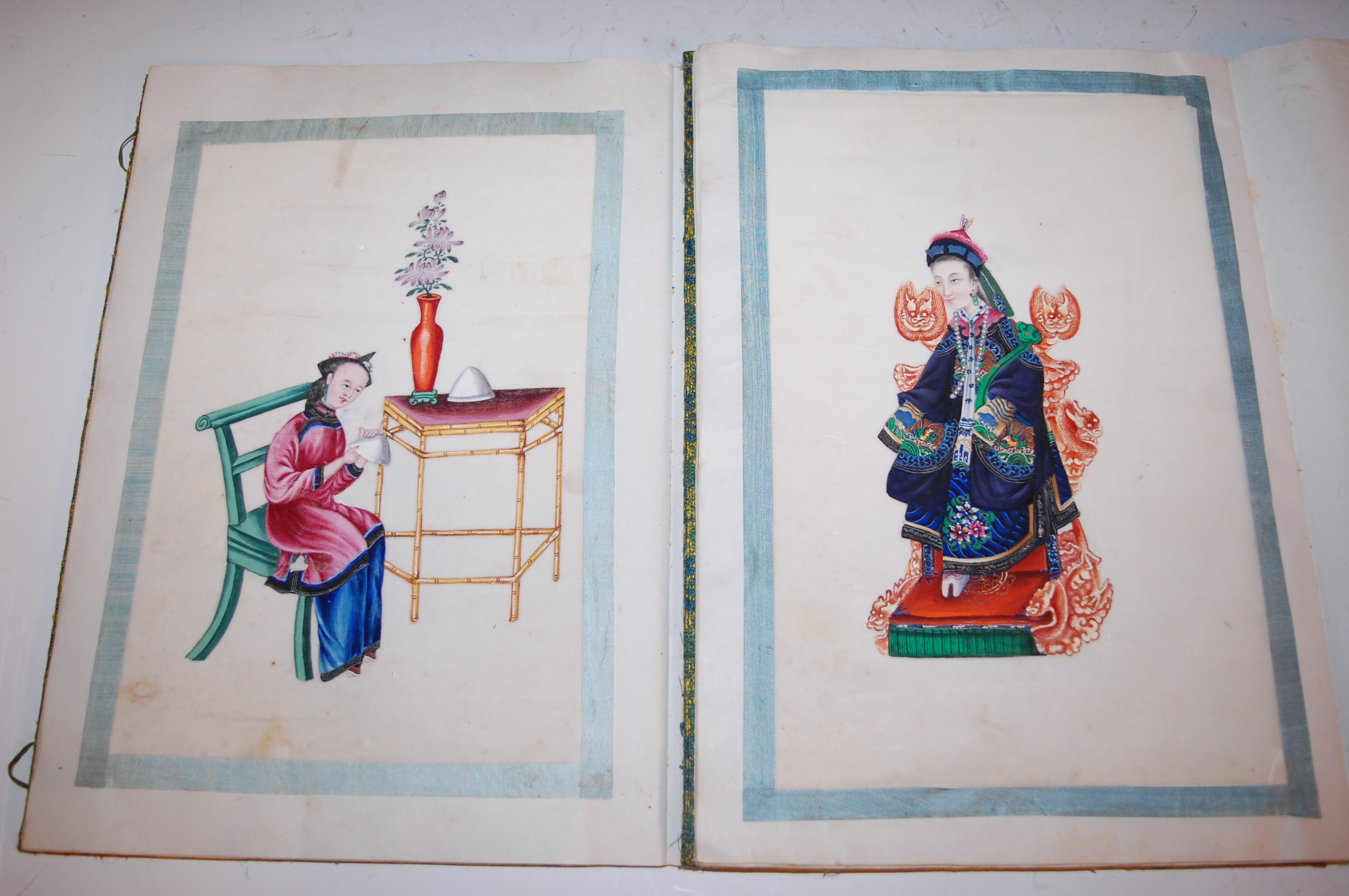 Two Chinese cloth covered scrap albums containing late Qing Dynasty pith paintings, - Image 9 of 19