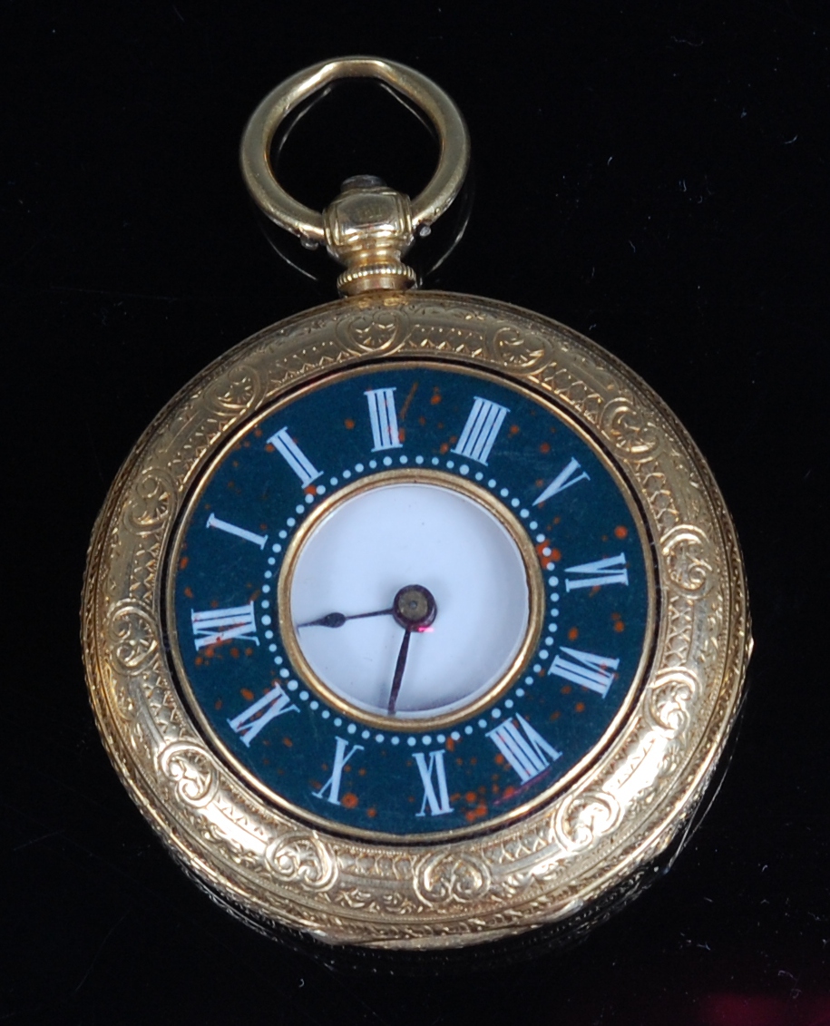 A continental 18ct gold cased ladies half hunter pocket watch, having engraved case,