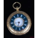 A continental 18ct gold cased ladies half hunter pocket watch, having engraved case,