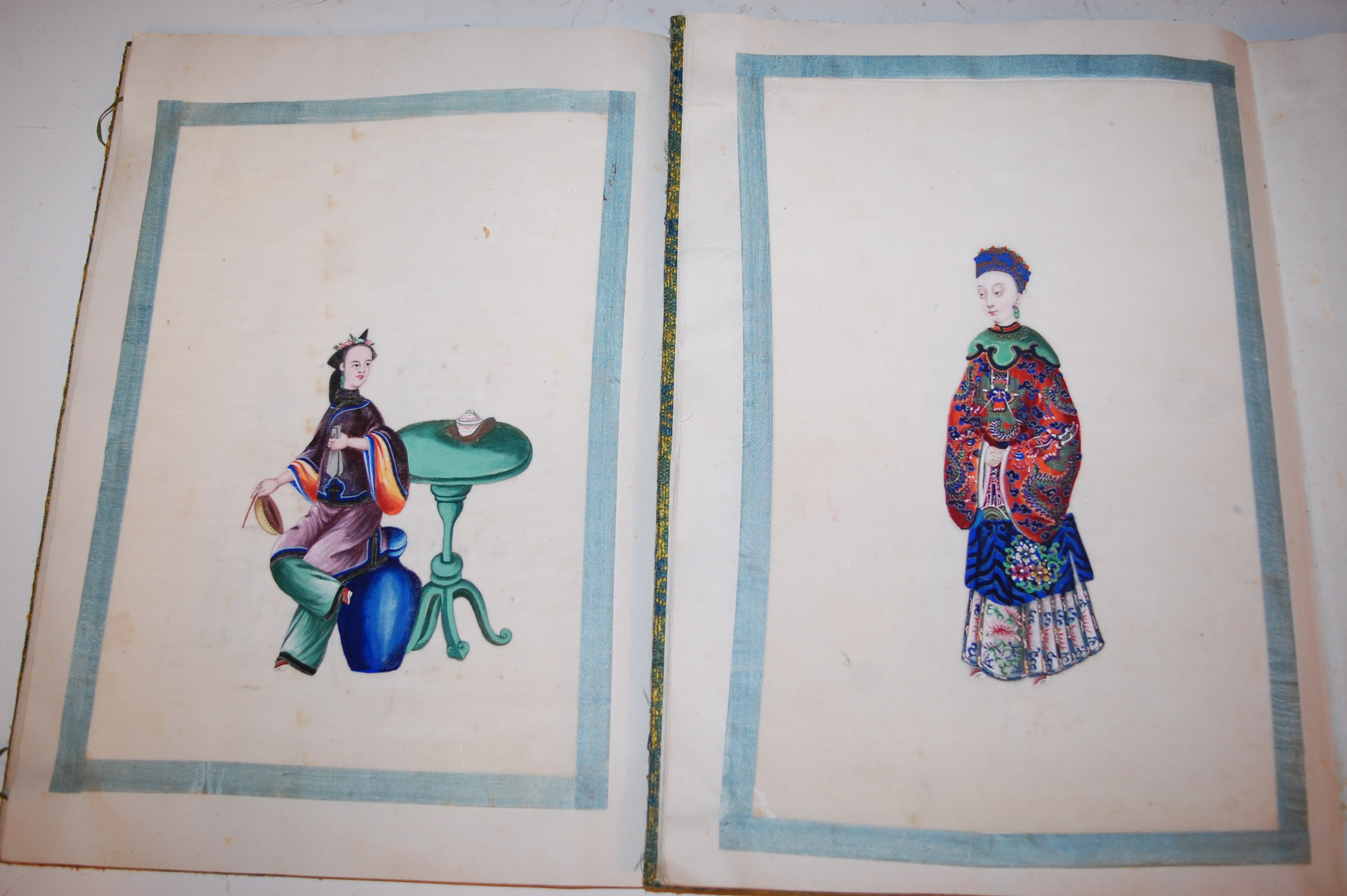 Two Chinese cloth covered scrap albums containing late Qing Dynasty pith paintings, - Image 15 of 19