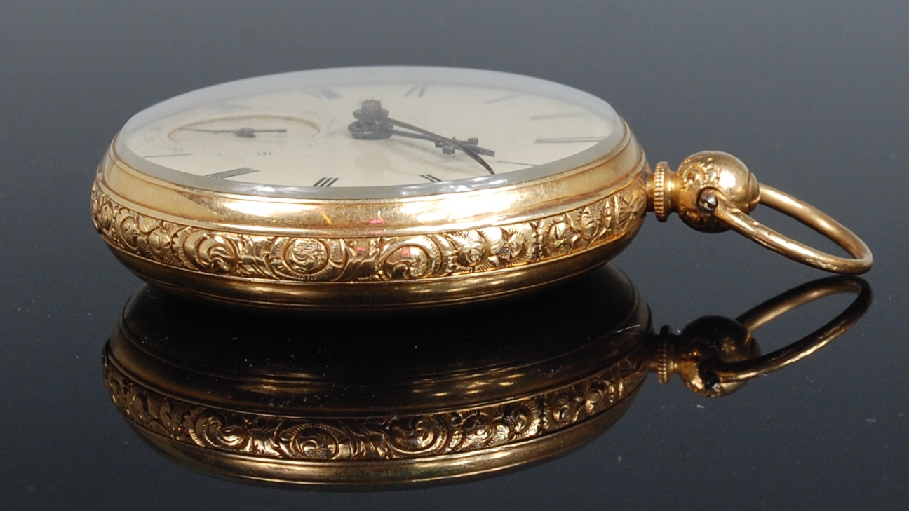 A mid-Victorian 18ct gold cased gents open faced pocket watch, having unsigned white enamel dial, - Image 3 of 5