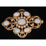 A Victorian style 9ct gold, opal and seed pearl set openwork brooch,