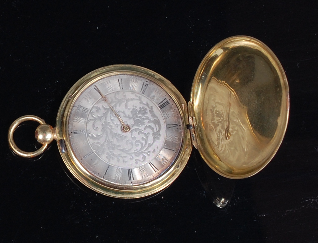 A late 19th century continental yellow metal cased full hunter gents pocket watch,