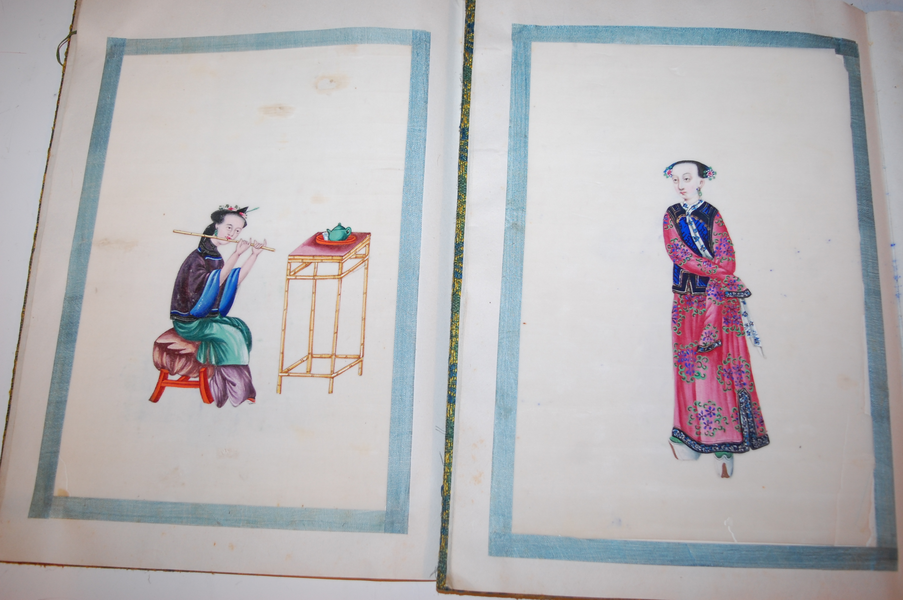 Two Chinese cloth covered scrap albums containing late Qing Dynasty pith paintings, - Image 17 of 19