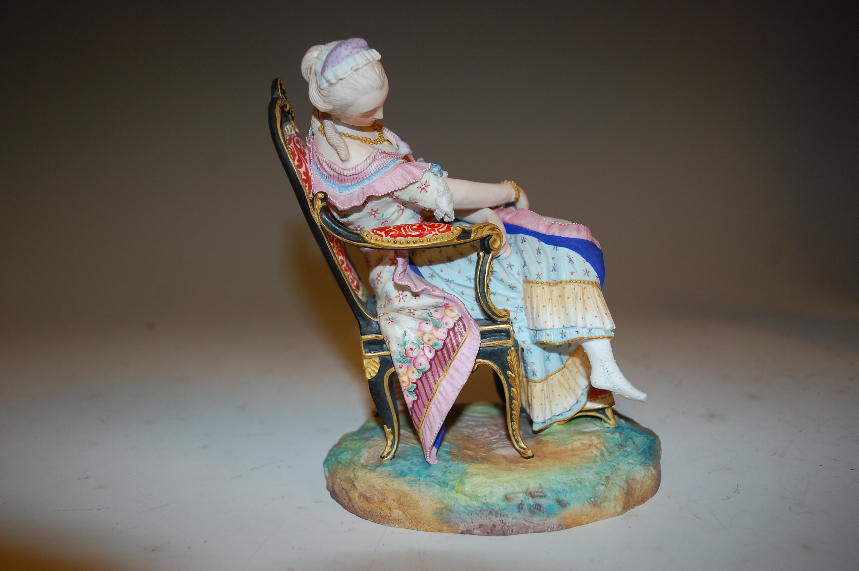 A pair of Victorian George Jones bisque figures, modelled as seated maidens, one with attendant cat, - Image 6 of 13