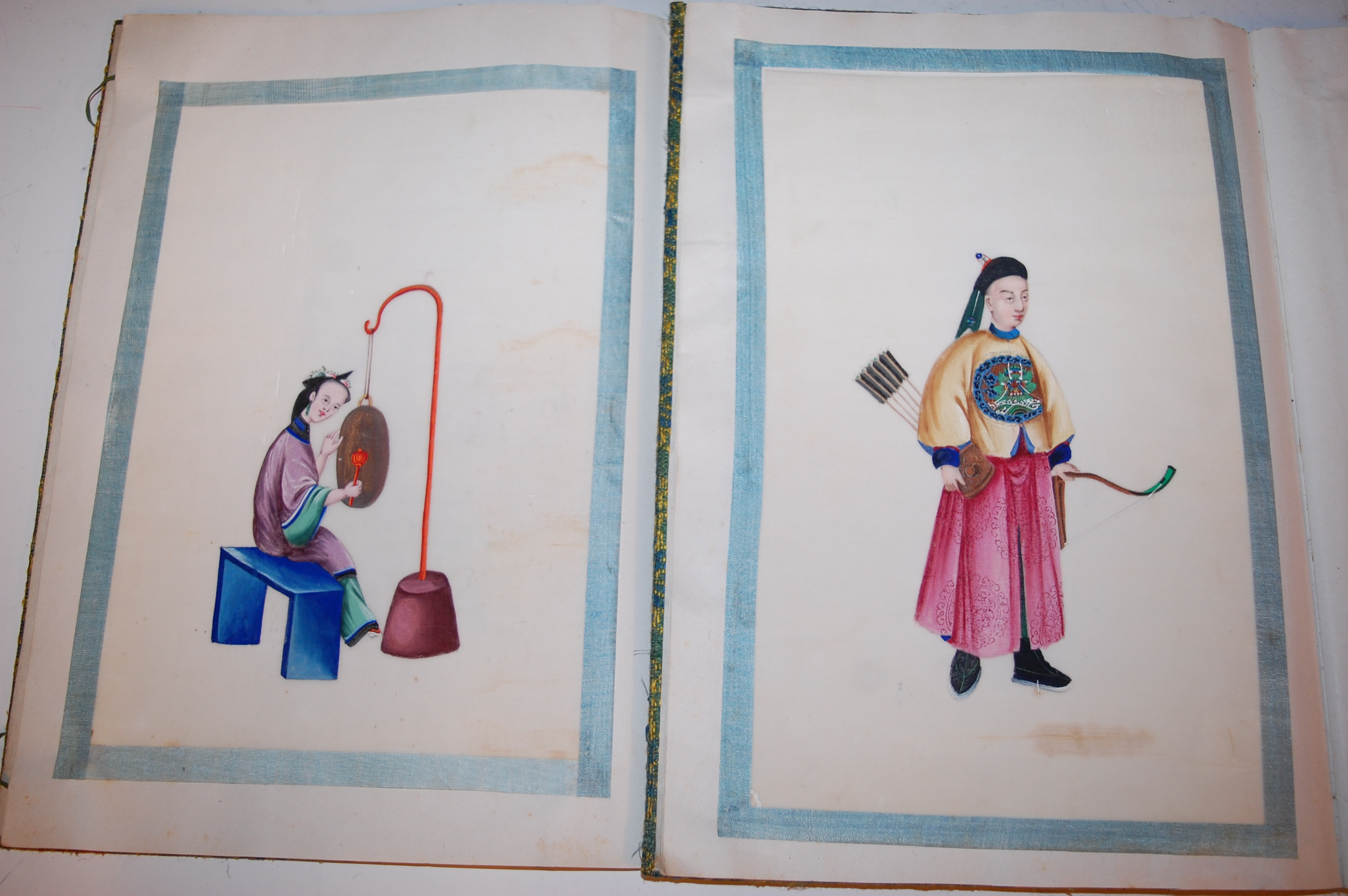 Two Chinese cloth covered scrap albums containing late Qing Dynasty pith paintings, - Image 18 of 19