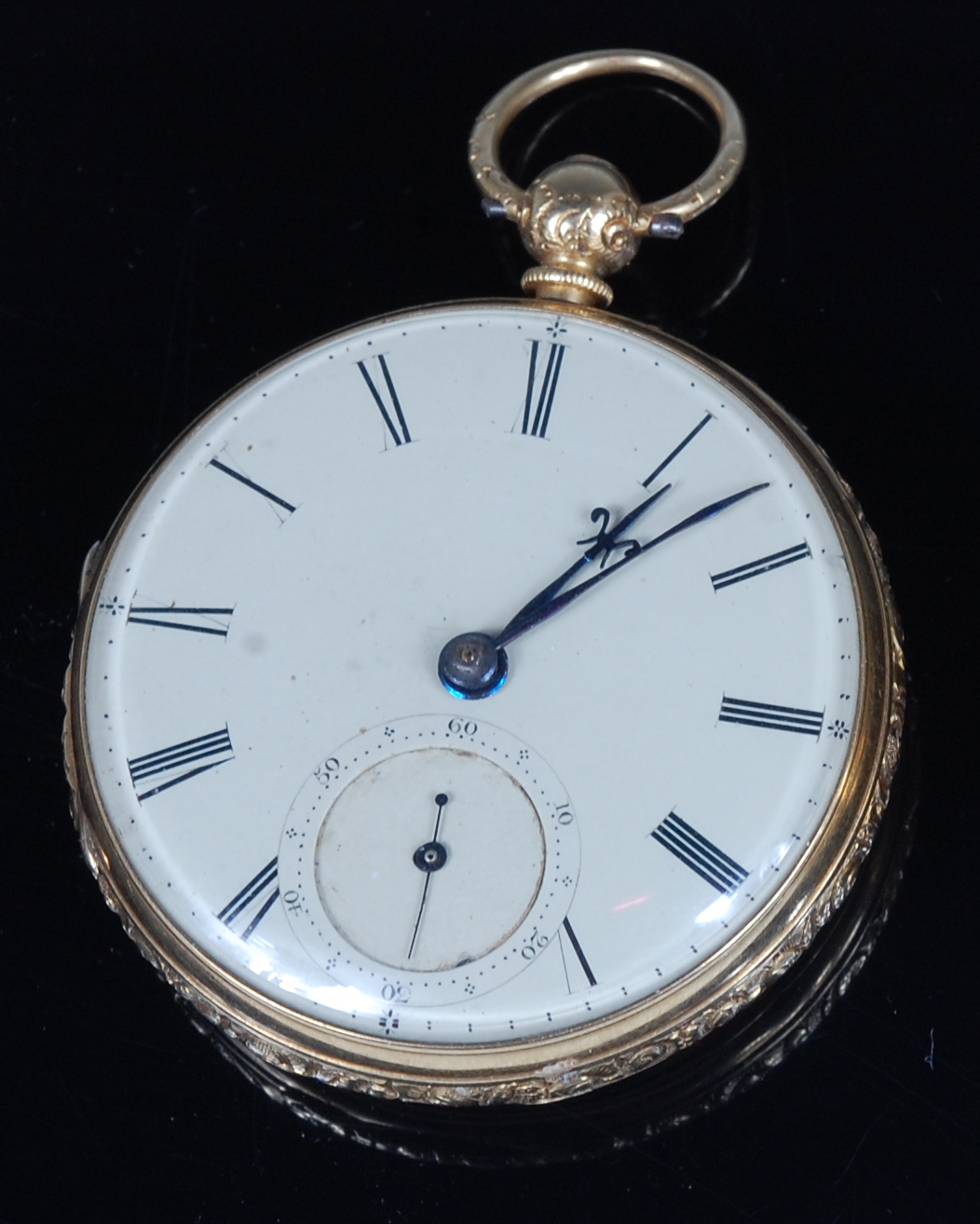 A mid-Victorian 18ct gold cased gents open faced pocket watch, having unsigned white enamel dial,