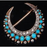 A circa 1900 yellow metal, turquoise and diamond set crescent brooch,