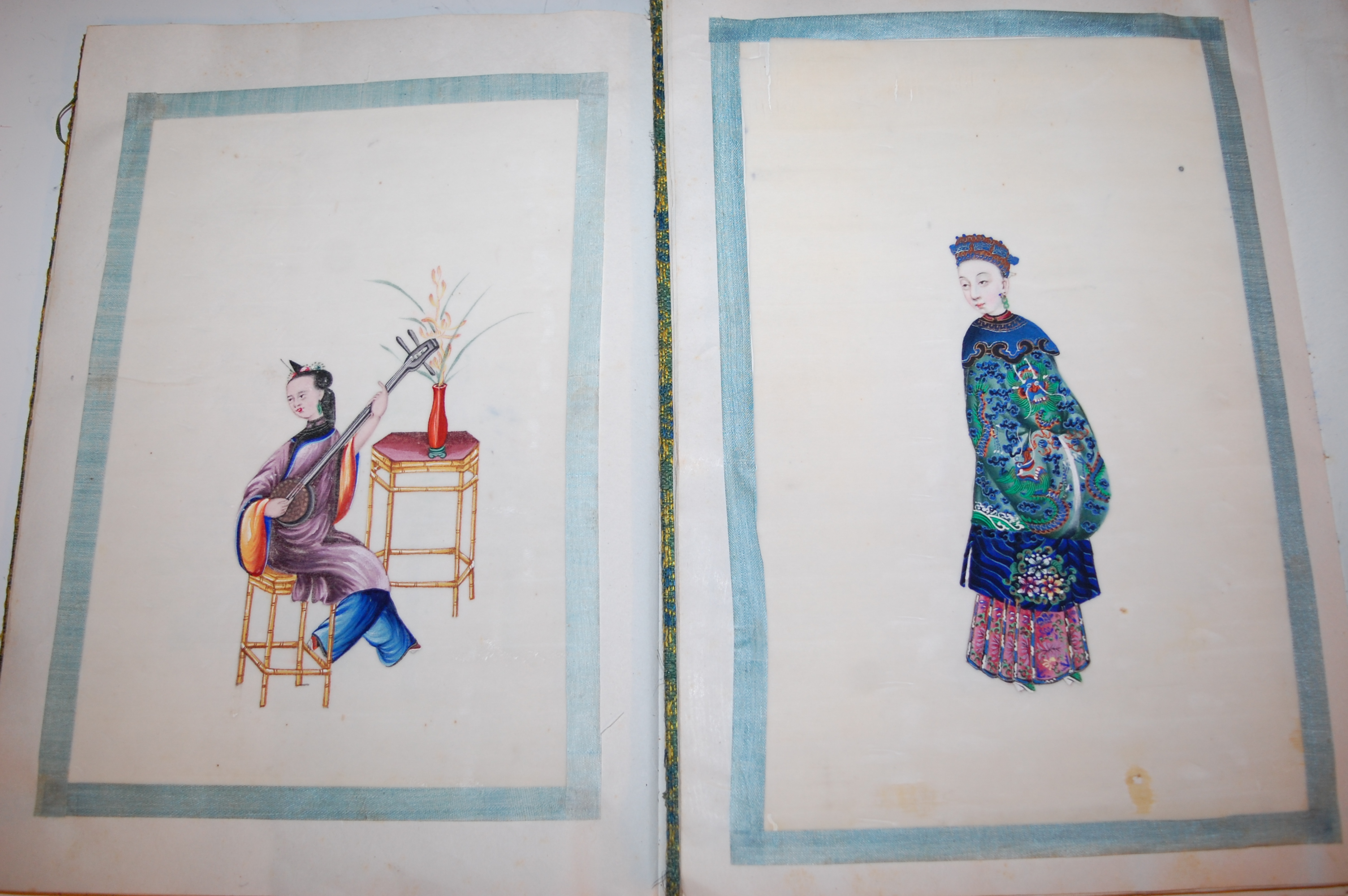 Two Chinese cloth covered scrap albums containing late Qing Dynasty pith paintings, - Image 11 of 19