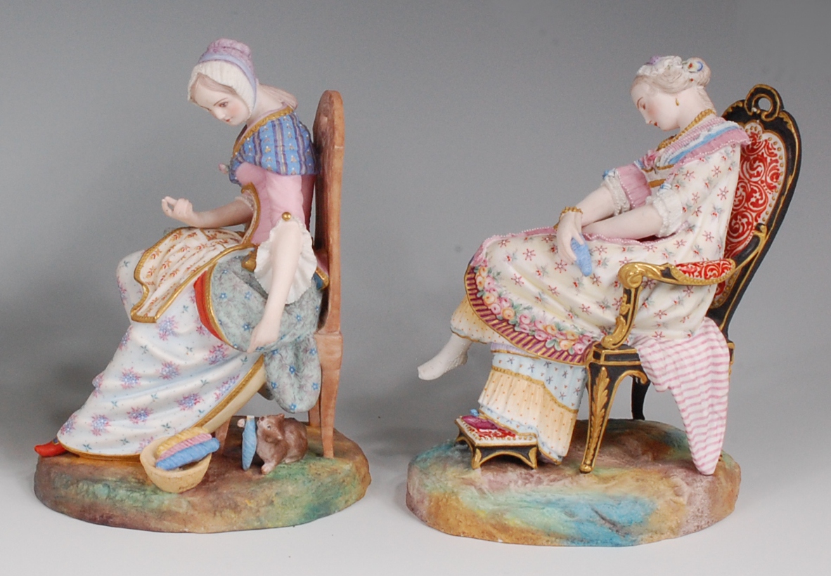 A pair of Victorian George Jones bisque figures, modelled as seated maidens, one with attendant cat, - Image 2 of 13