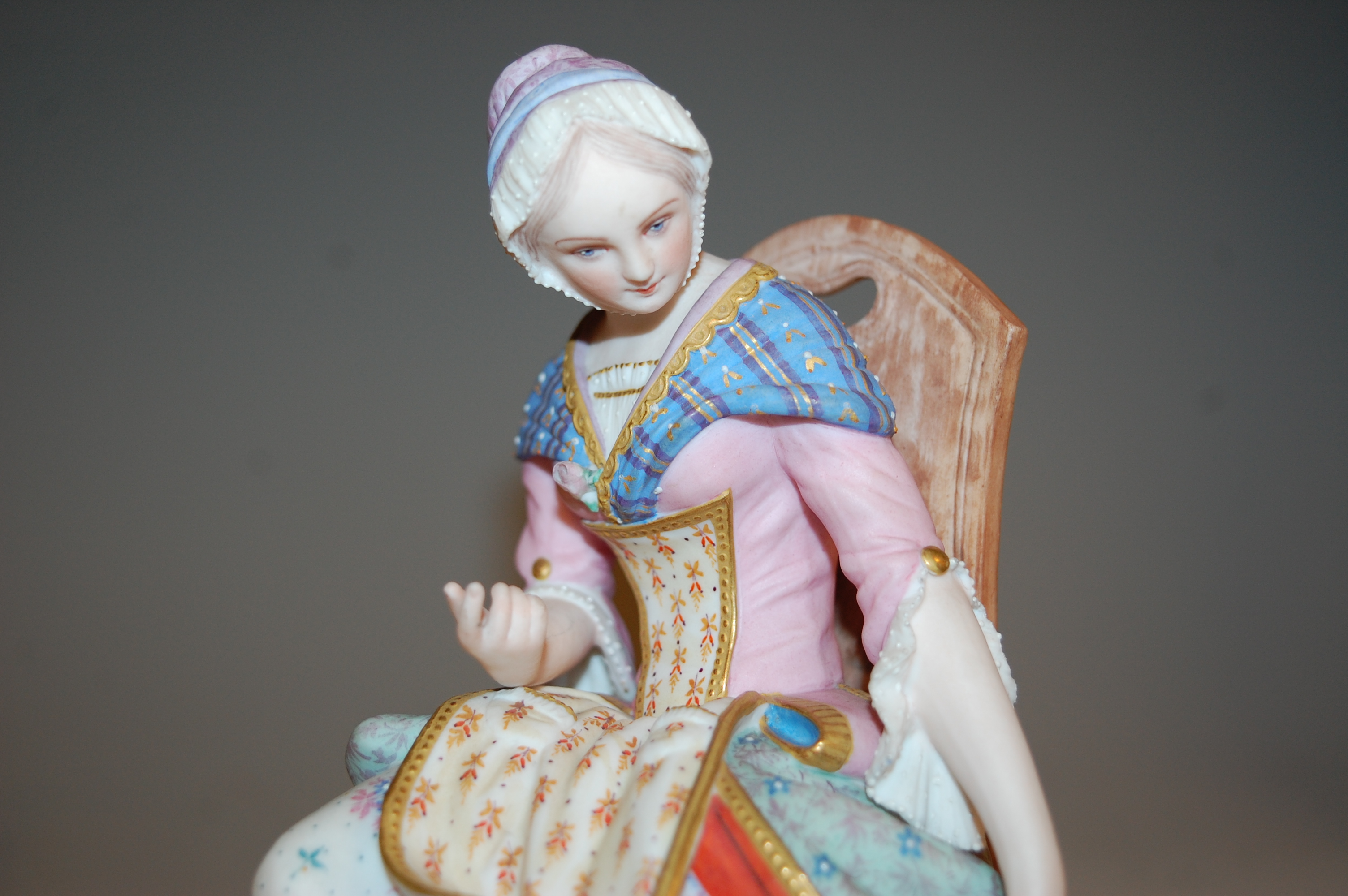 A pair of Victorian George Jones bisque figures, modelled as seated maidens, one with attendant cat, - Image 9 of 13