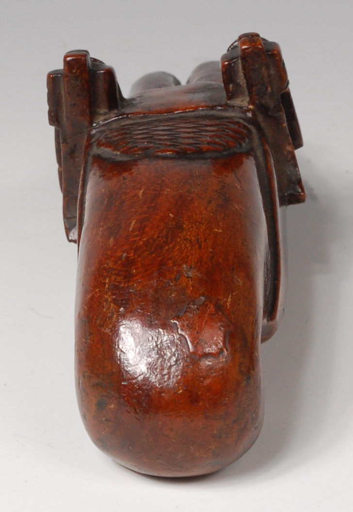 A 19th century treen snuff-box, carved as a double barreled flintlock pistol, hinged to underside, - Image 4 of 5