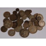 Mixed lot of British and foreign 19th century and later silver coins to include; 1885 one rupee,