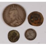 Mixed lot of four coins to include; 1604 James I sixpence, 1817 George III sixpence,