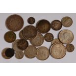 Mixed lot of foreign silver coins to include; 1875 France five francs, 1942 George VI one rupee,