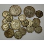 Mixed lot of British and USA silver coins to include; 1883 and 1899 Morgan dollars New Orleans mint,