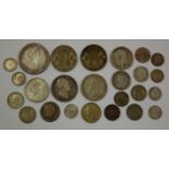 Mixed lot of British and world silver coins to include; 1834 5 francs, 1829 George IV shilling,