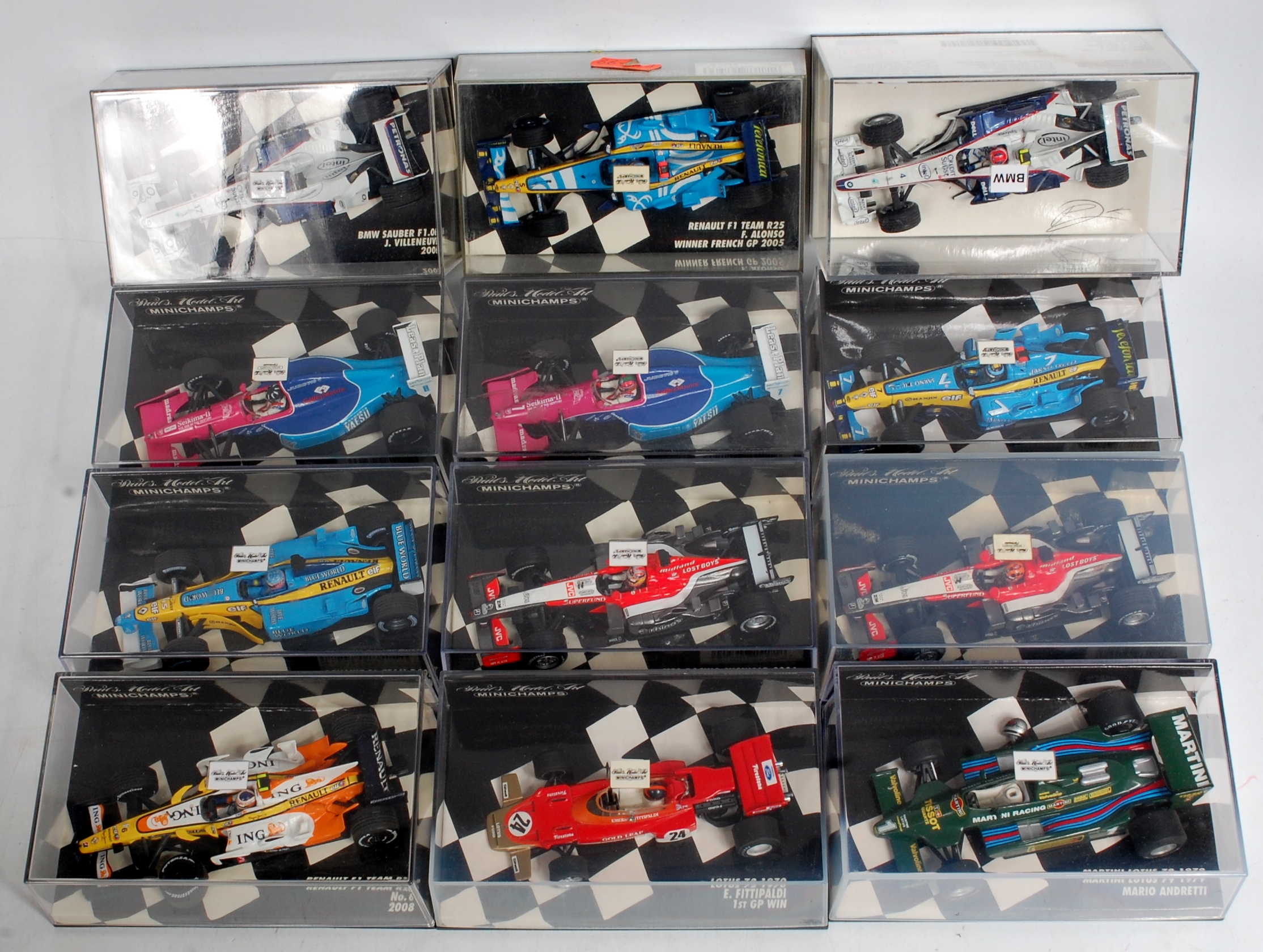 Minichamps 1/43rd scale Formula 1 group, 12 plastic cased examples, to include Renault F1,