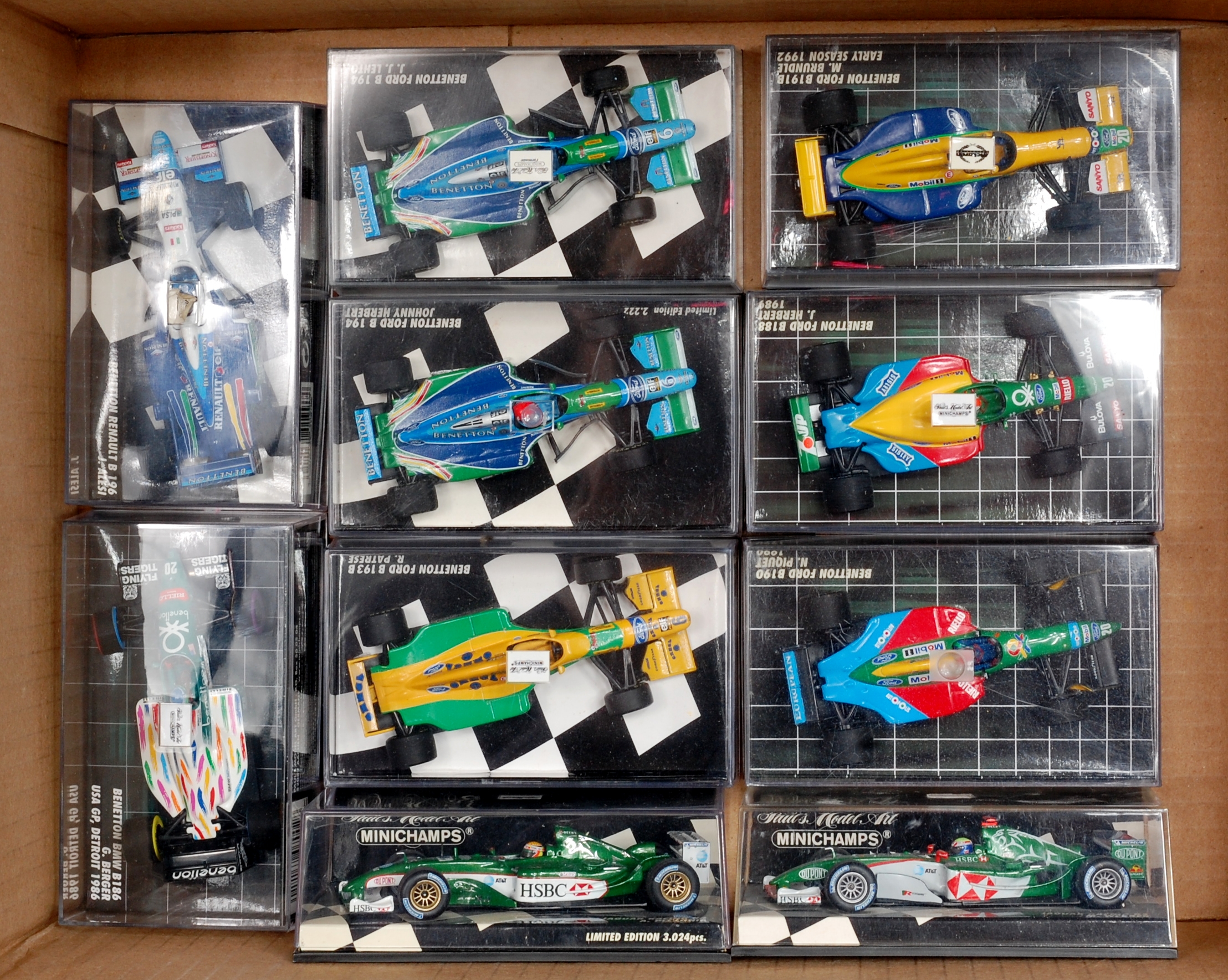 Minichamps 1/43rd scale Formula 1 Group, all Benetton Ford and Jaguar Racing,