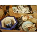 Four boxes of miscellaneous items to include Victorian blue & white meat plate,