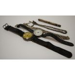 Two silver curb link watch chains 36g together with two silver cased manual wind wristwatches and a