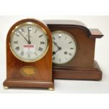 An Edwardian mahogany and chequer strung mantel clock having an enamelled dial with Roman numerals