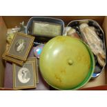 A box of miscellaneous items to include carved ebony elephant figures, various keys,