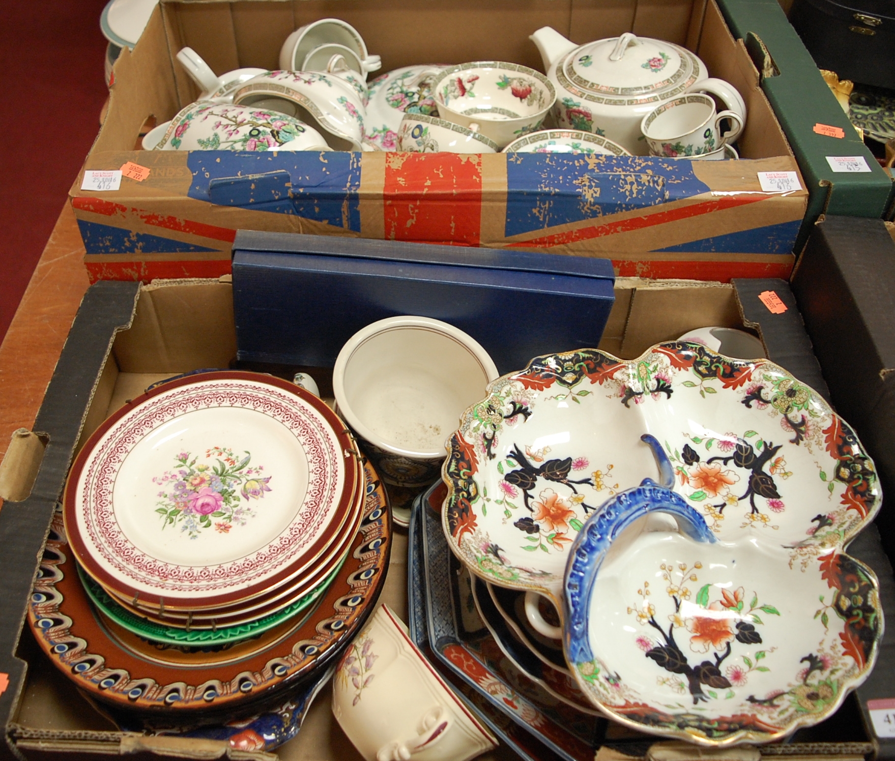 Two boxes of miscellaneous china to include; Indian Tree pattern dinnerwares,